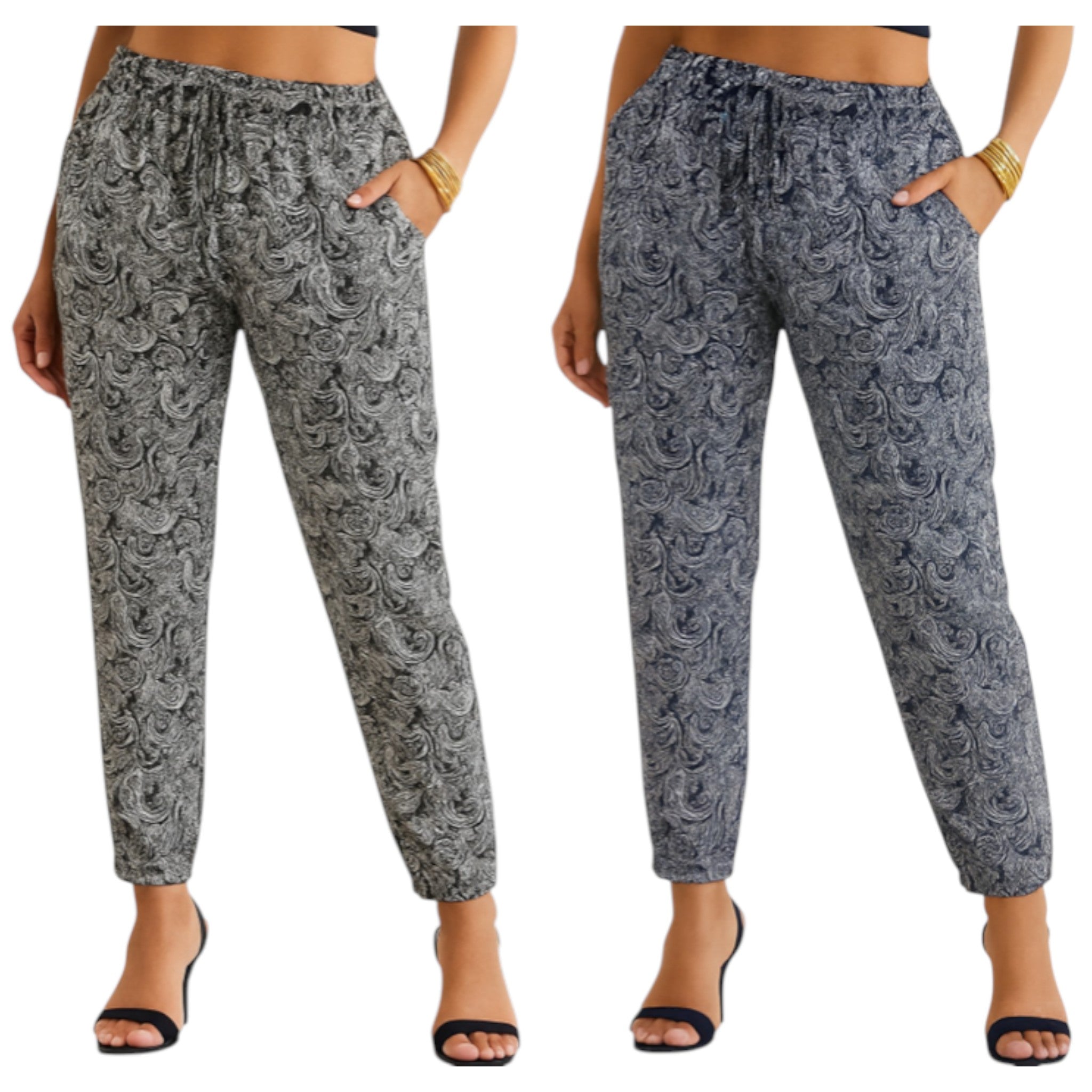 Women's black or navy and white paisley print drawstring trousers with elastic waist and tapered ankle